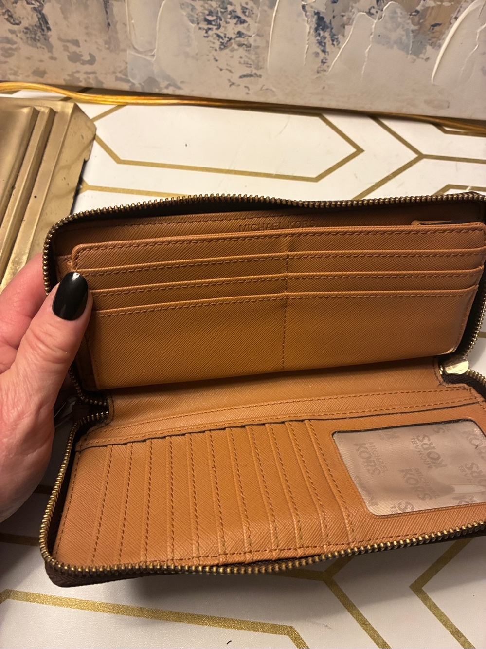 NWOT Michael Kors Dark Brown Logo Zip-Around Wristlet Wallet with Gold Hardware - Picture 7 of 14